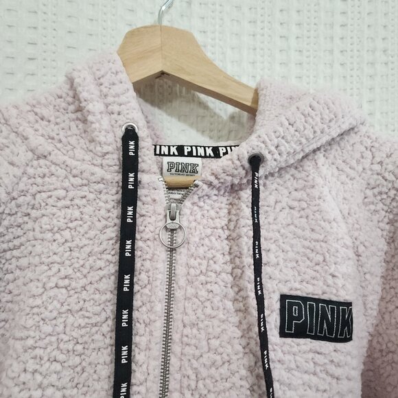 PINK Victoria's Secret Light Pink Sherpa Half Zip Hoodie Sweater Size Small - Picture 4 of 12